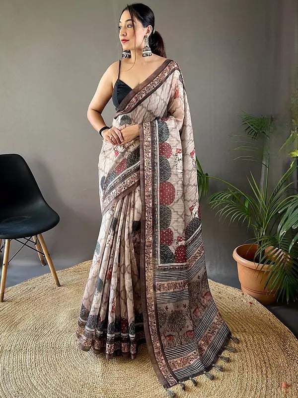 Weaving Work Printed Designer Silk Saree With Blouse And Tassels Pallu