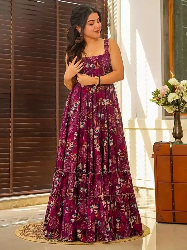 Heavy Rayon Floral Digital Print Fully Flared Anarkali Gown For Festival Occasion