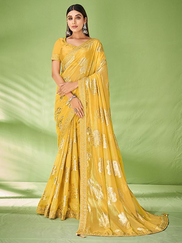 Light-Mustard Georgette Foil Print Designer Saree With Blouse And Tassels Pallu