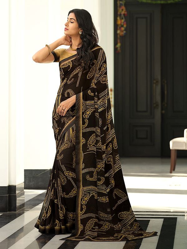 Seal-Brown All Over Paisleys Printed Georgette Saree With Malai Silk Blouse