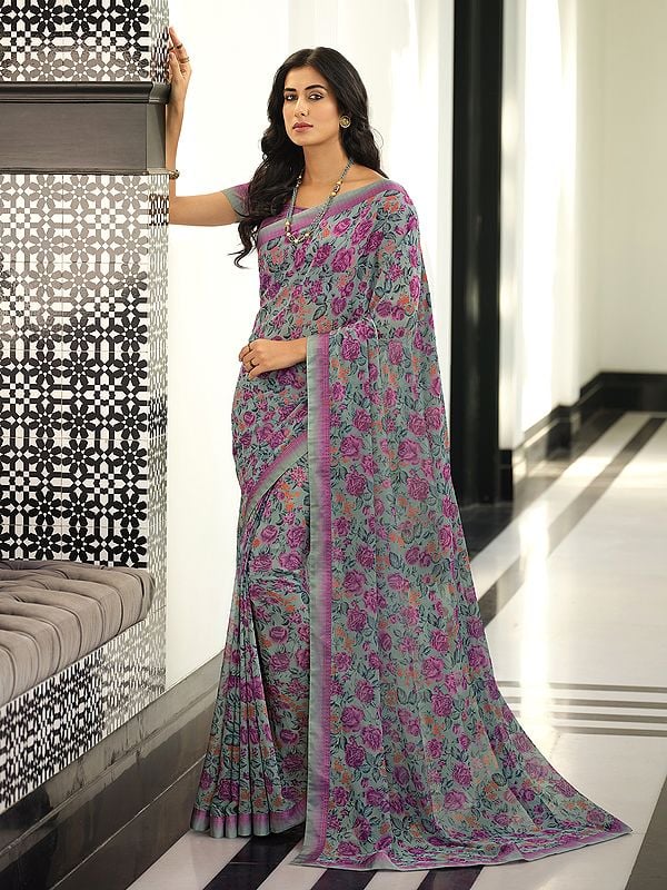 Georgette All Over Floral Printed Attractive Saree With Malai Silk Blouse