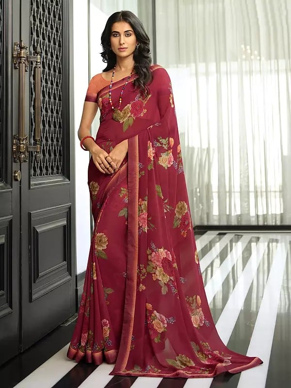 Vivid-Burgundy Designer Floral Printed Georgette Saree With Malai Silk Blouse