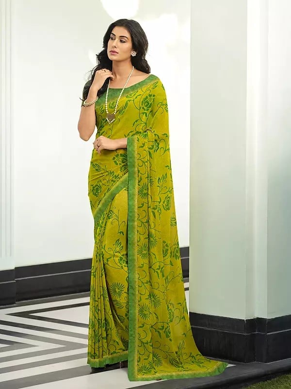 Muddy-Yellow Georgette Printed Saree With Lace Border And Malai Silk Blouse