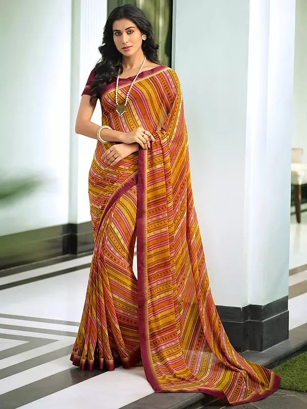 Multicolor Striped Printed Designer Georgette Saree With Malai Silk Blouse