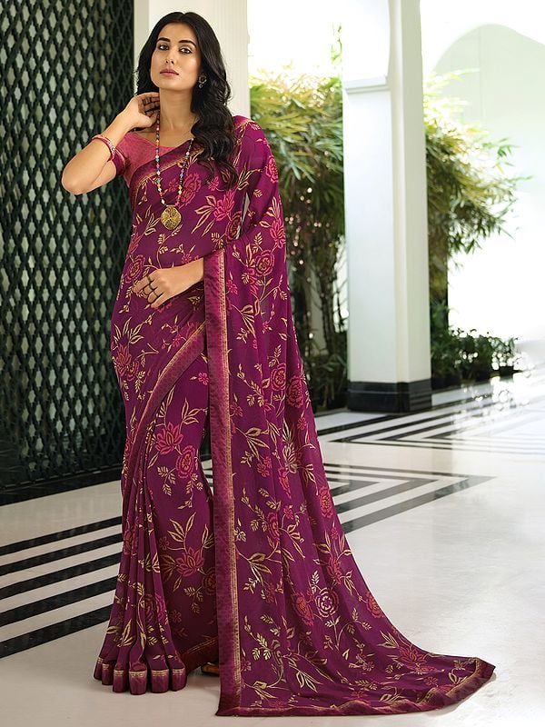 Mulberry-Wood Attractive Floral Printed Party Wear Georgette Saree With Malai Silk Blouse