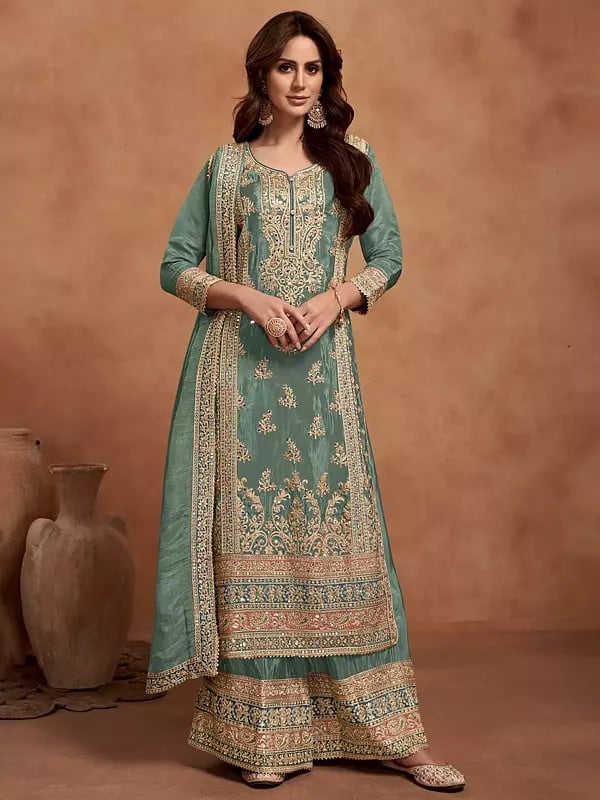 Vichitra Silk Embroidered Sequins And Zari Work Designer Salwar Suit With Matching Dupatta