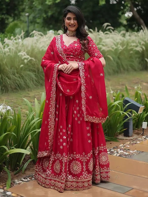 Vivid-Burgundy Rangoli Silk Heavy Sequins & Thread Embroidery Work Lehenga Choli With Dupatta