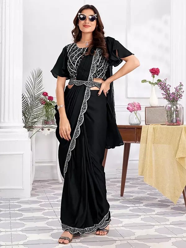 Satin Silk Embroidery And Sequins Work Border Designer Solid Saree With Blouse