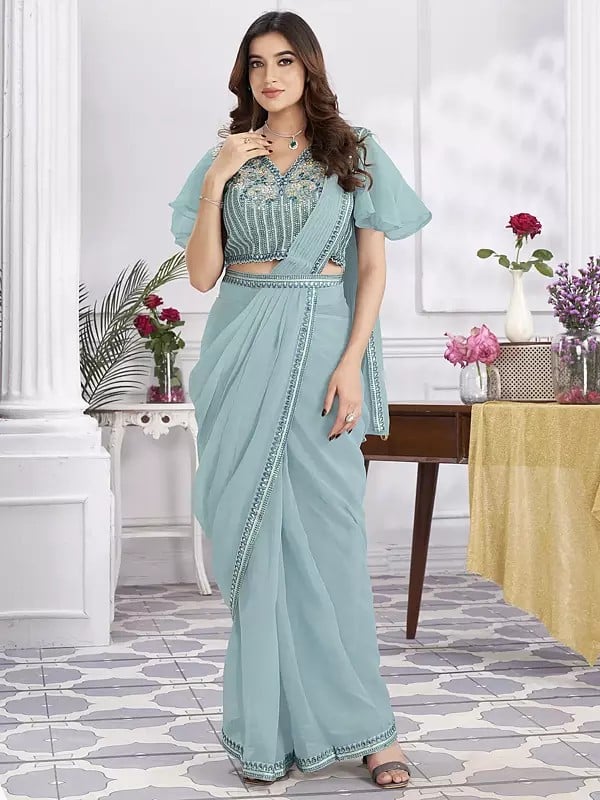 Georgette Embroidery And Sequins Work Designer Party Wear Saree