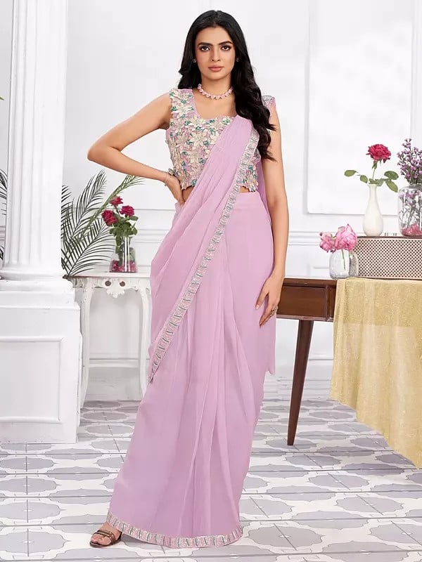 Embroidery And Sequins Work Shimmer Georgette Saree With Blouse