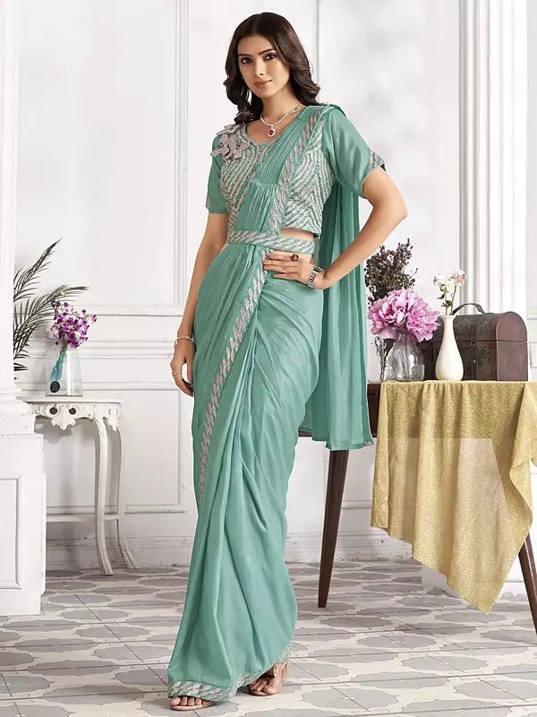 Satin Silk Embroidery And Sequins Work Party Wear Saree With Blouse