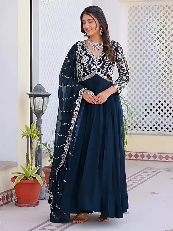 Faux Georgette Heavy Sequins And Embroidery Work Gown With Matching Dupatta