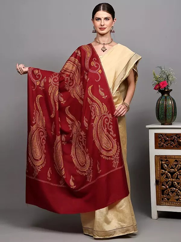 Pure Wool Shawl from Kashmir with Sozni Hand-Embroidered Giant Paisleys