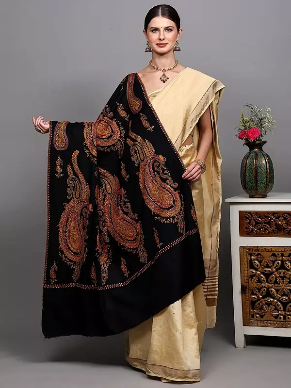 Pure Wool Shawl from Kashmir with Sozni Hand-Embroidered Giant Paisleys