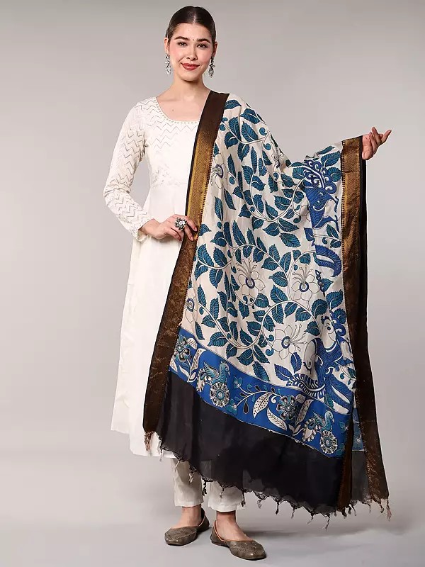 Kalamkari Dupatta with Printed Peacocks-Flowers and Zari Border from Telangana