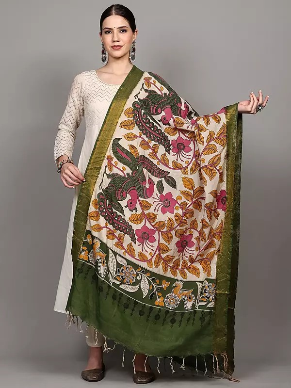 Kalamkari Dupatta with Printed Peacocks-Flowers and Zari Border from Telangana