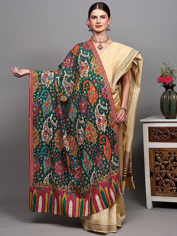 Cadmium-Green Kalamkari Hand Embroidered Pure Pashmina Shawl from Kashmir