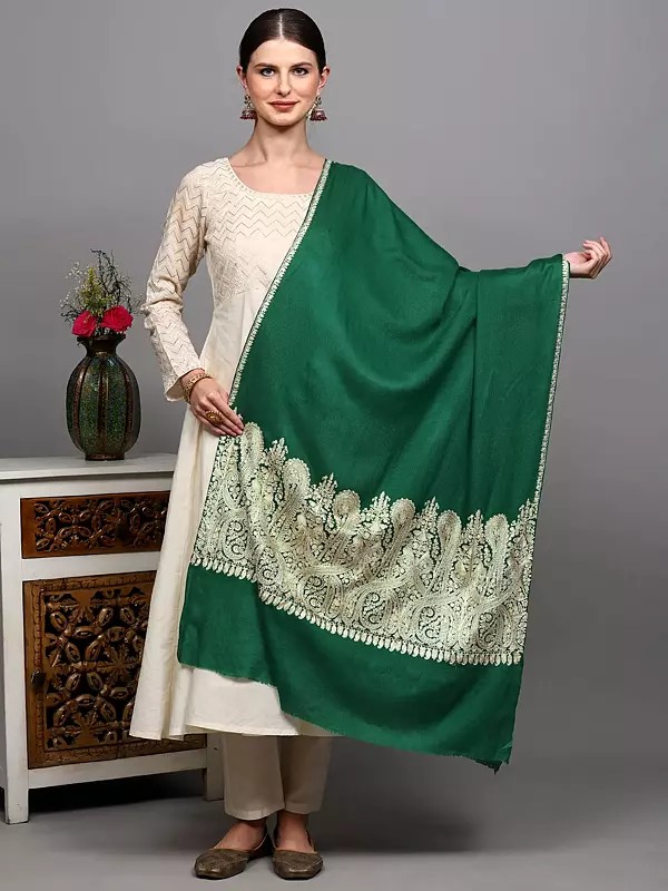 Pure Wool Stole with Chain Stitch Embroidered Paisley Palla from Srinagar