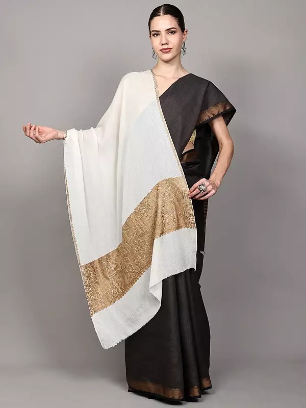 Pure Wool Stole with Chain Stitch Embroidered Paisley Palla from Srinagar