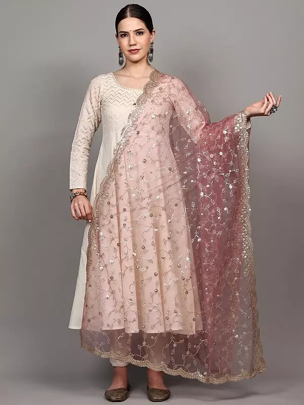 Net Dupatta with Zari-Sequins Embroidered Leaf Vine and Scalloped Border from Amritsar