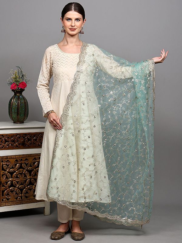 Net Dupatta with Zari-Sequins Embroidered Leaf Vine and Scalloped Border from Amritsar