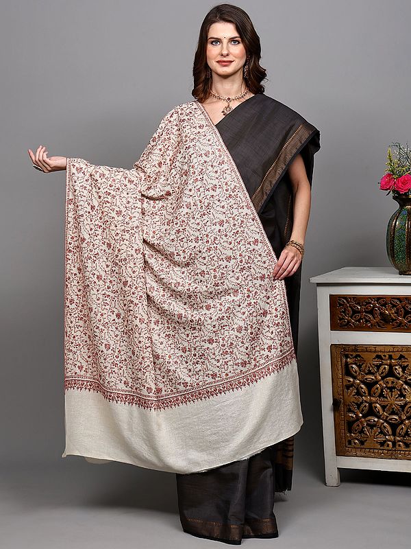 Ivory Diamond Weave Pure Pashmina Shawl with All-Over Sozni Hand-Embroidered Foliage Jaal from Kashmir