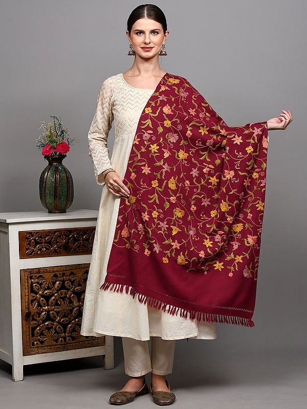 Kashmiri Stole with Multicolor Aari Hand-Embroidered Floral Vines on All-Over