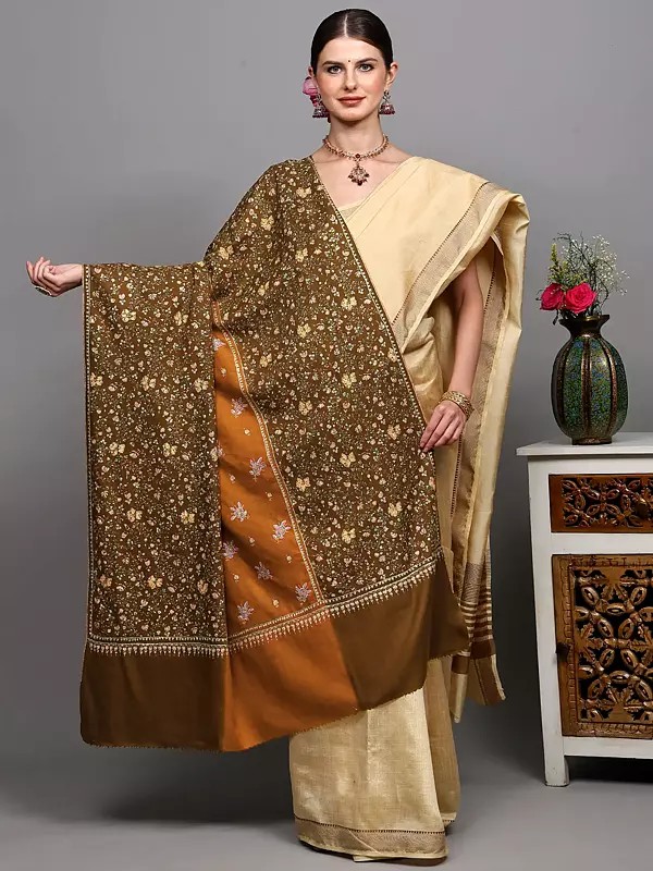 Dual Shaded Pure Pashmina Shawl from Kashmir with Intricate Sozni Hand-Embroidered Flowers