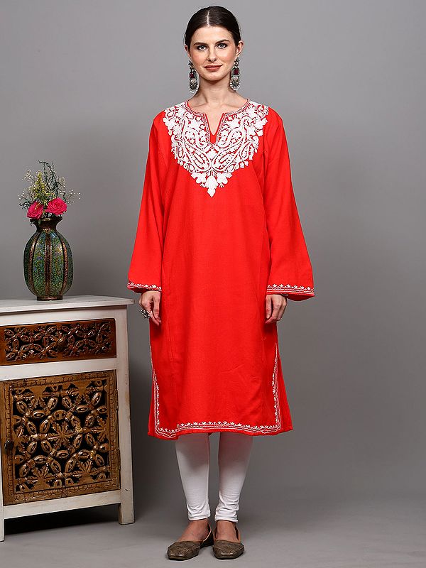Luminous-Red Phiran with Chain Stitch Embroidered Paisley on Neck and Side Pockets from Kashmir