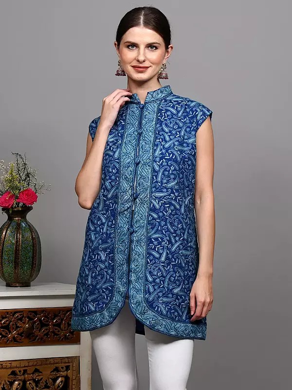 Bright-Cobalt Pure Wool Sleeveless Jacket from Kashmir with All-Over Aari Embroidered Paisleys