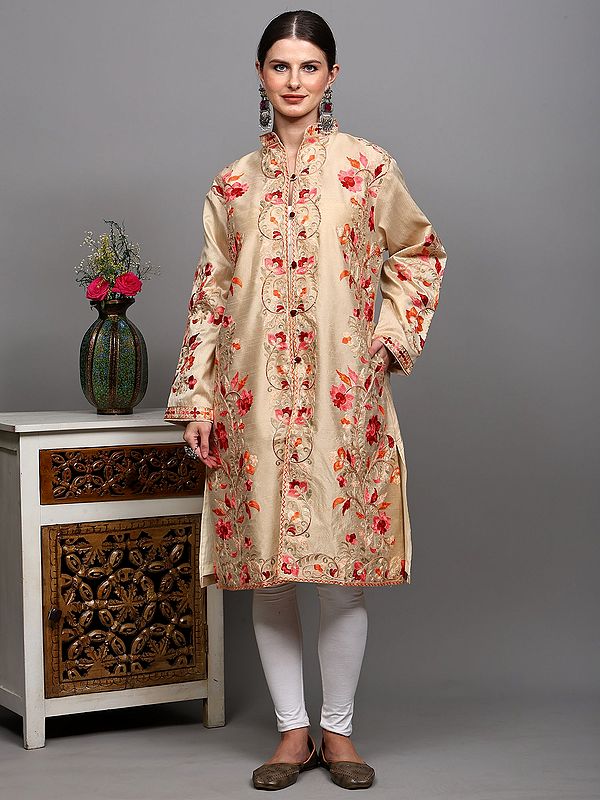 Bleached-Sand Kashmir Long Jacket with Chain Stitch Aari Embroidered Floral Vine in Multicolor
