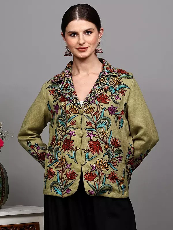 Silver-Fern Pure Wool Short Jacket with Aari Embroidered Floral Motifs from Kashmir