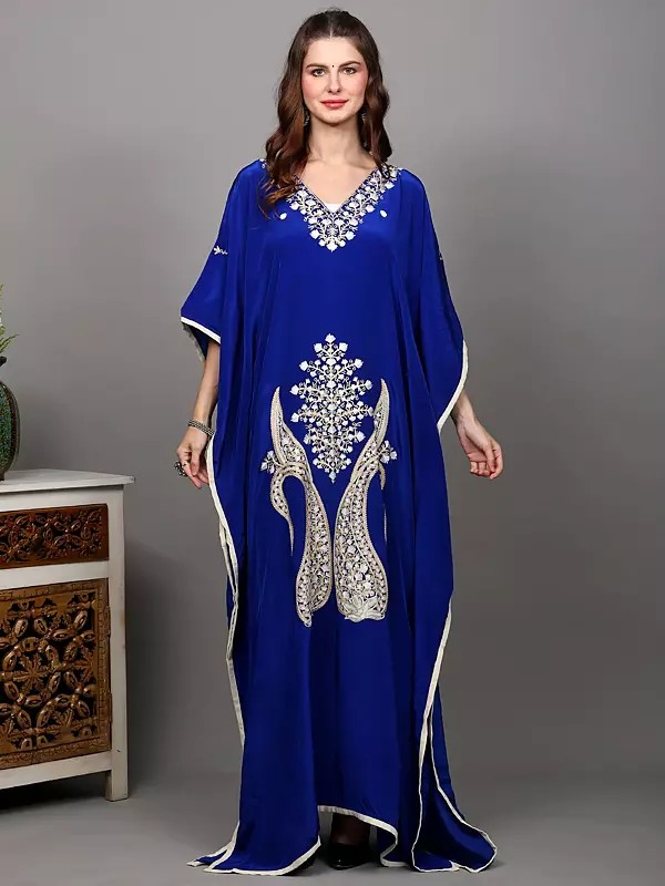 Crepe Long Kaftan from Kashmir with Aari Embroidered Giant Paisleys