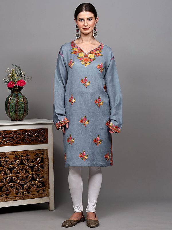 Blue-Heron Pure Wool Kashmiri Phiran with Aari Embroidered Floral Butta