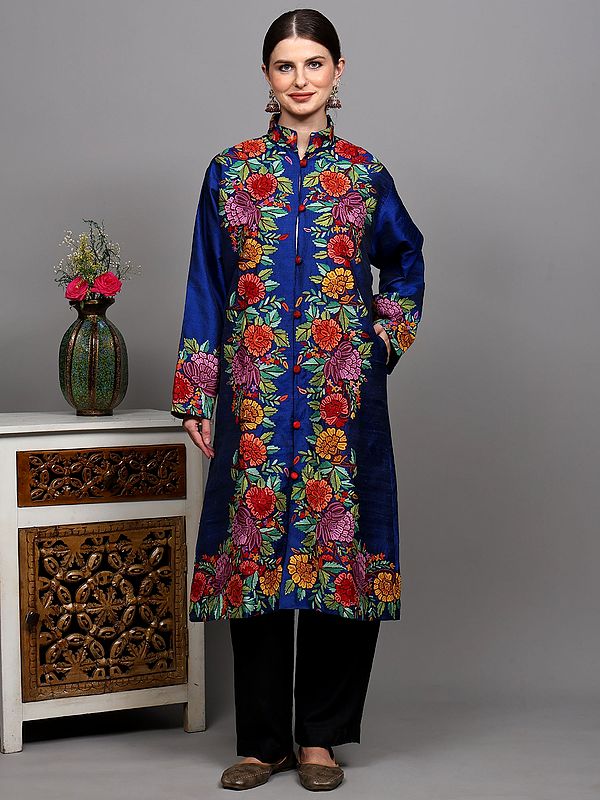 Snorket-Blue Pure Silk Long Jacket from Kashmir with Aari Embroidered Giant Flowers by Hand