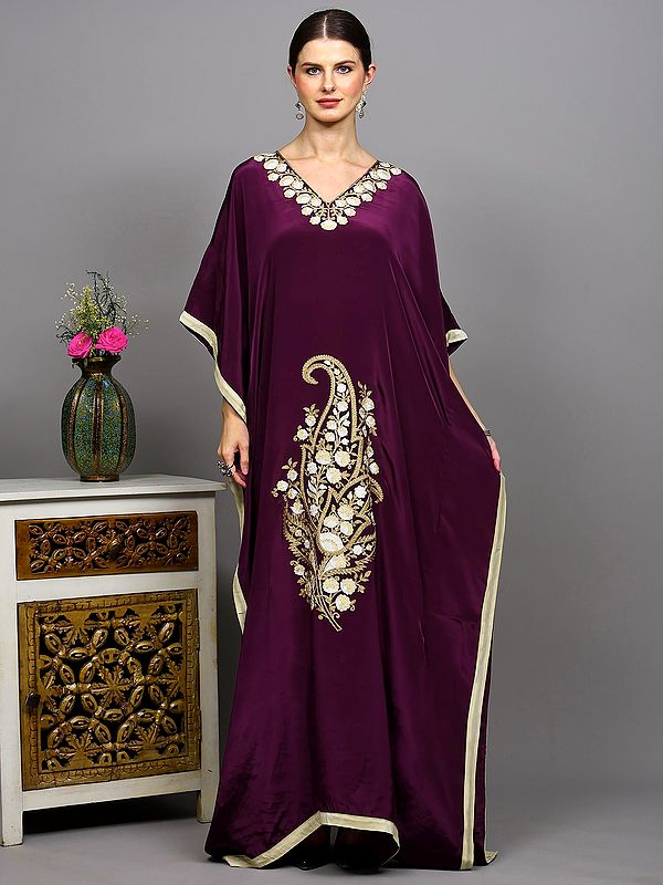 Kashmiri Long Kaftan with Chain Stitch Aari Embroidered Paisleys