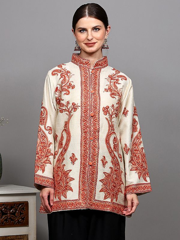 Cannoli-Cream Pure Silk Long Jacket with Aari Embroidered Paisley Vine from Kashmir