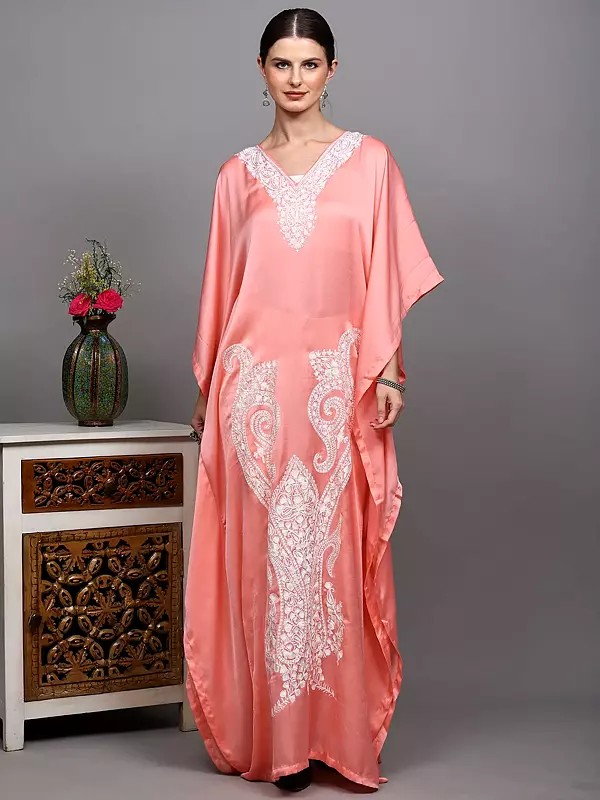 Flamingo-Pink Kashmiri Long Kaftan with Chain Stitch Aari Embroidery