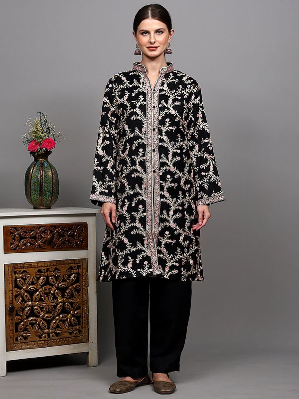Black-Onyx Long Jacket from Kashmir with Chain Stitch Embroidered Floral Jaal and Side Pockets