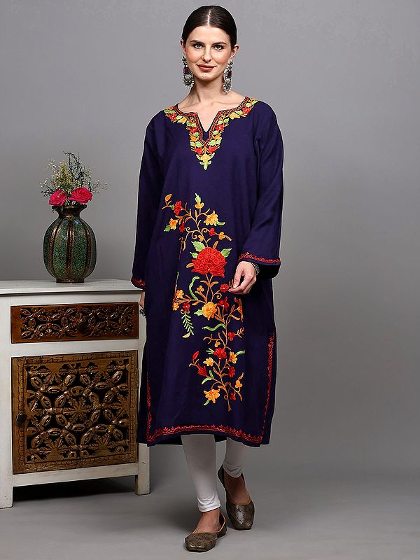 Patriot-Blue Kashmiri Phiran with Multicolor Aari Embroidered Flowers and Side Pockets