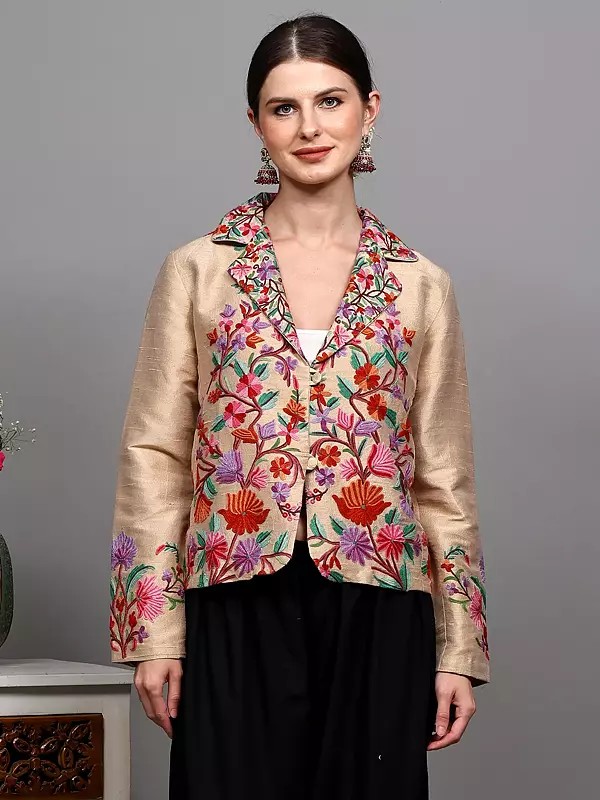 Brazilian-Sand Pure Silk Short Jacket from Kashmir with Floral Vine Aari Embroidery by Hand