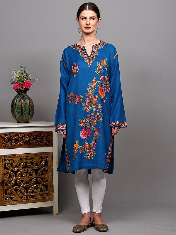 Imperial-Blue Pure Wool Phiran with Aari Hand Embroidered Floral Motifs from Kashmir