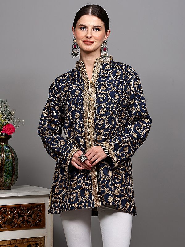 Ensign-Blue Floral Sprigs Embroidered Short Jacket with All-Over Chevron Weave from Kashmir