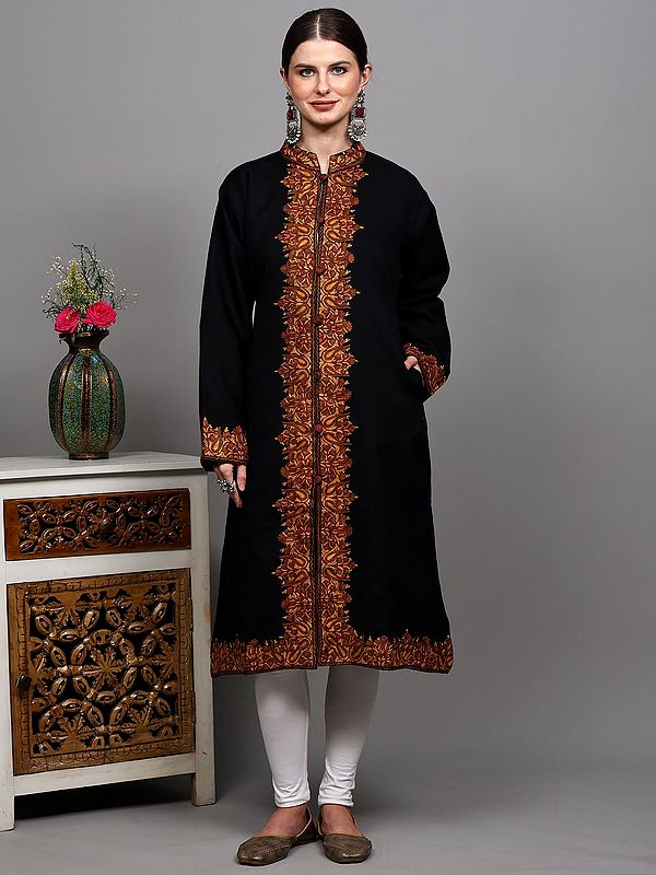 Bristol-Black Pure Wool Kashmiri Long Jacket with Paisleys Aari Hand-Embroidery on Border and Side Pockets