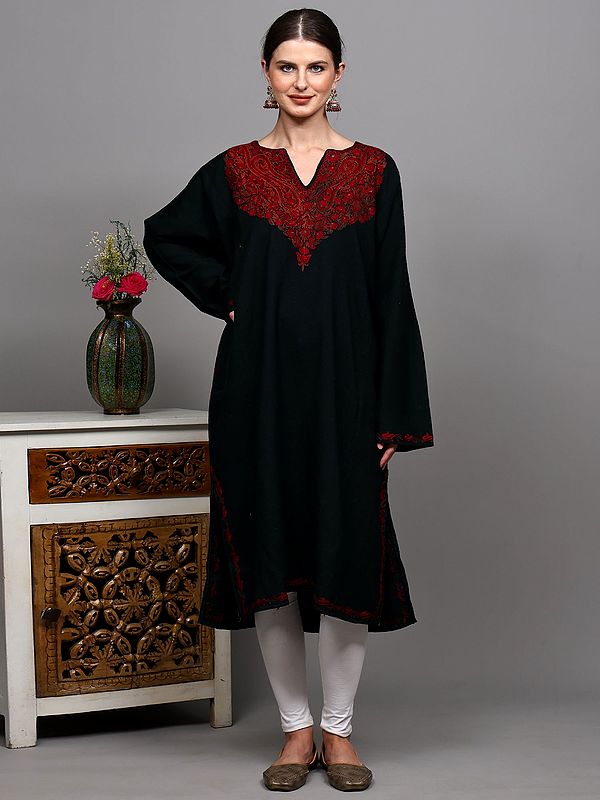 Black-Onyx Aari Embroidered Phiran with Paisleys Motif on Neck from Kashmir