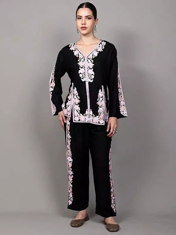 Pure Cotton Co-Ord Set with Aari Embroidered Flowers in Multicolor from Kashmir