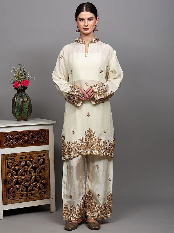 Pear-Sorbet Salwar Suit with Intricate Aari Embroidered Floral Motifs from Kashmir