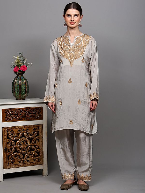 Straight Salwar Suit Set and Intricate Chain Stitch Embroidery from Kashmir