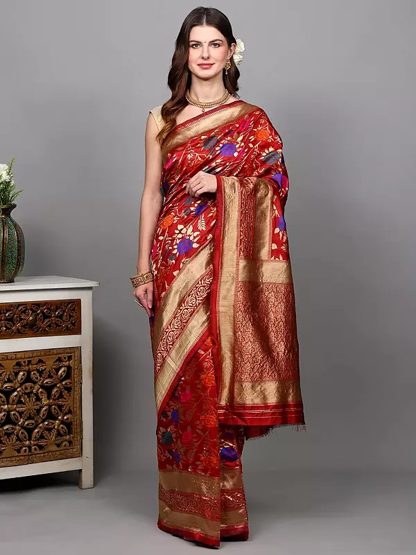 Mars-Red Banarasi Saree with All-Over Zari Woven Roses and Paisley Vine Border