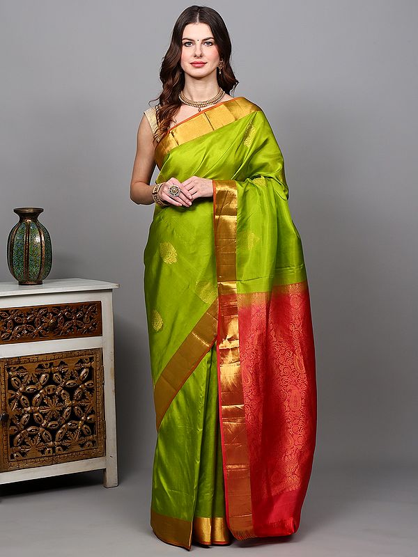 Grenoble-Green Saree from Tamil Nadu with Zari Woven Butta and Contrast Paisley Pallu